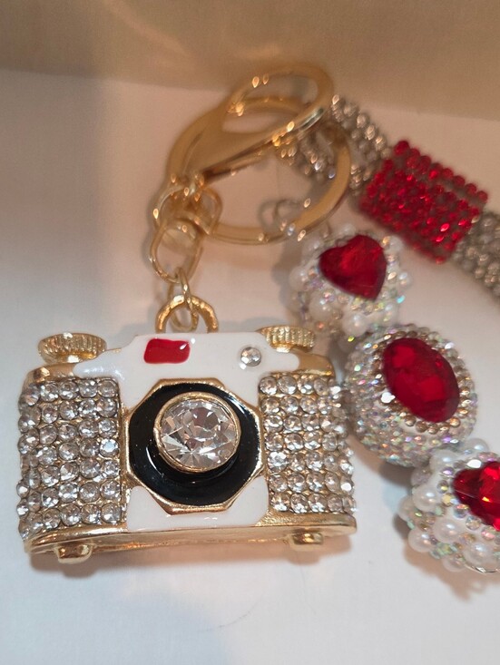 Hand Crafted Accessories - Vintage Style Rhinestone Camera Keyring ✨ Bag Charm with Glam Red Jewel Wristlet